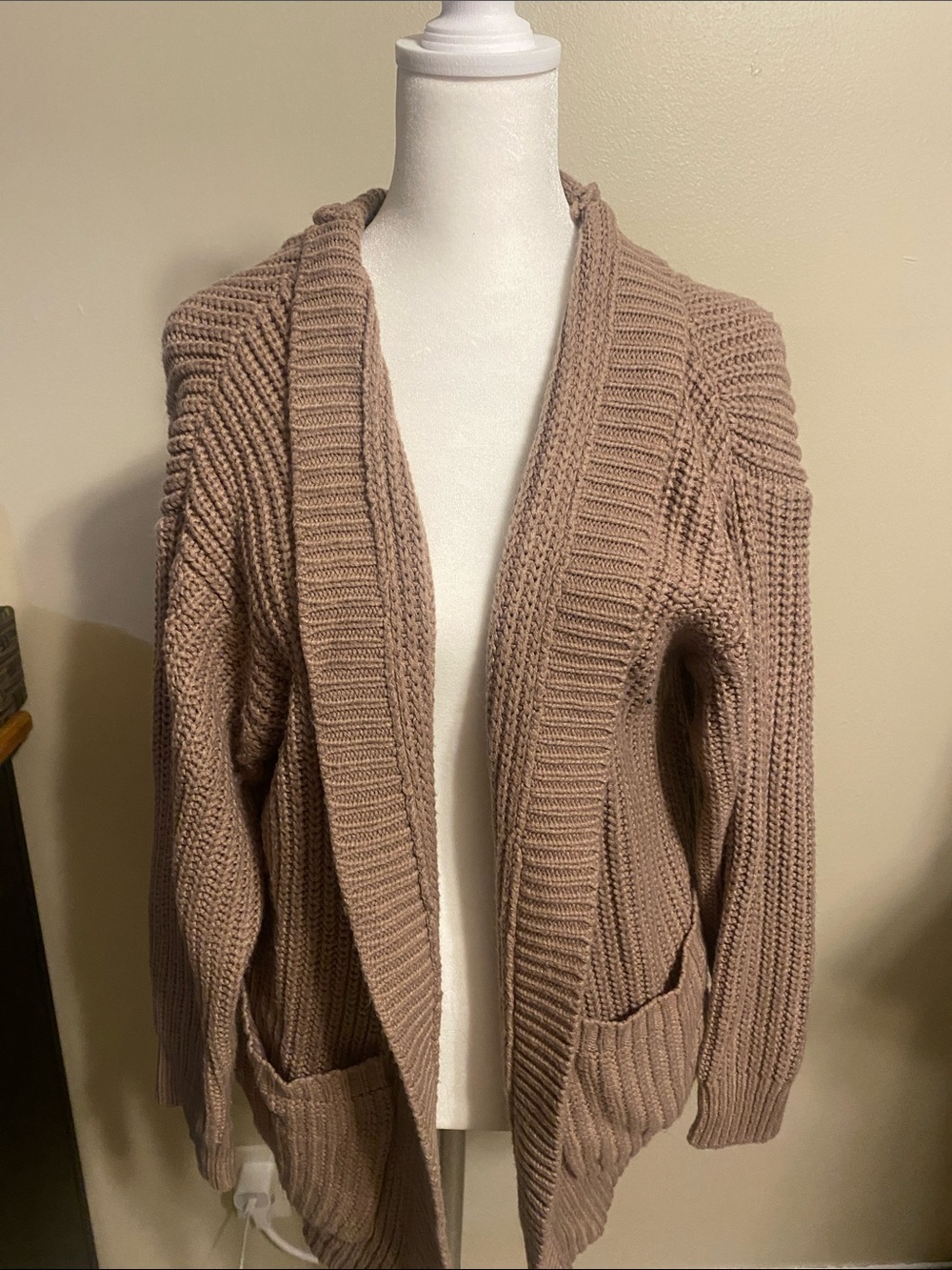 SHEIN Taupe Open-Front Chunky Knit Cardigan